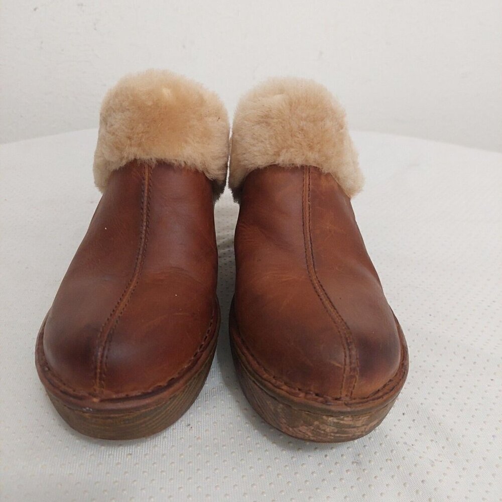 Born Y2K 90’s Brown Leather Shearling‎ Trim Mules Heels Chunky Platform Size 7M - Picture 2 of 10